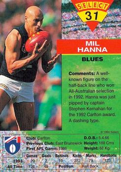 1994 Select AFL #31 Mil Hanna Back